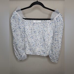 ASTR Blue Floral Cottagecore Puff Sleeve Off Shoulder Top Size Small